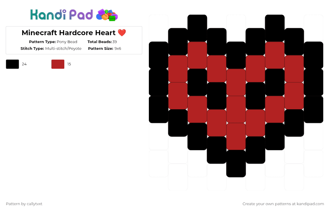 Minecraft Hardcore Heart ❤️ - Pony Bead Pattern by callytvxt on Kandi Pad - black,red