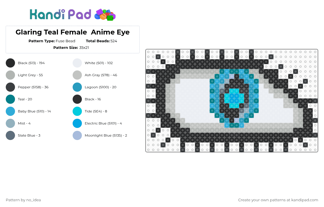 Glaring Teal Female  Anime Eye - Fuse Bead Pattern by no_idea on Kandi Pad - black,beige,light blue,cotdglare,anime,female,eye,teal,blue,light,bright
