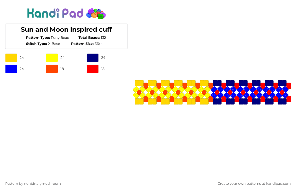 Sun and Moon inspired cuff - Pony Bead Pattern by nonbinarymushroom on Kandi Pad - yellow,purple,fnaf,sun,sundrop,moon,moondrop,security breach,x base