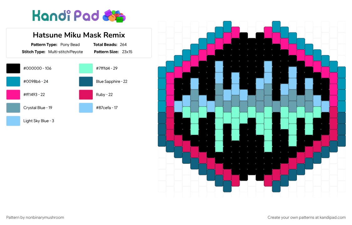 Hatsune Miku Mask Remix - Pony Bead Pattern by nonbinarymushroom on Kandi Pad - light blue, pink, teal