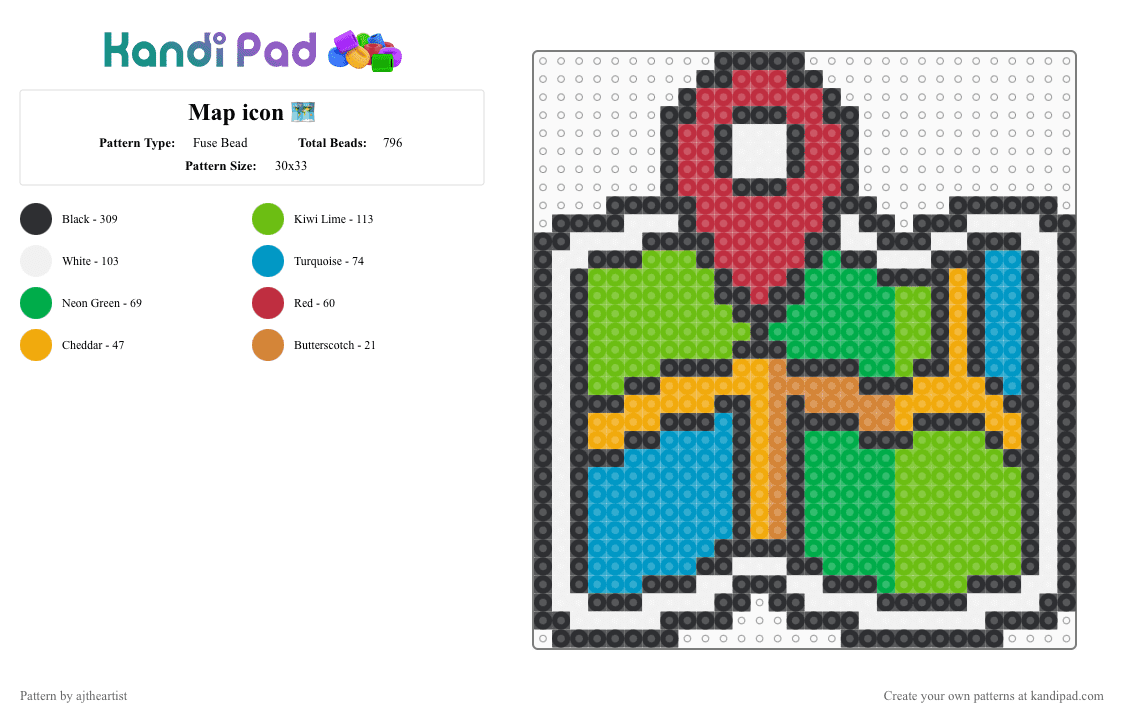 Map icon 🗺️ - Fuse Bead Pattern by ajtheartist on Kandi Pad - green,map,travel,icon,cotdsymbols