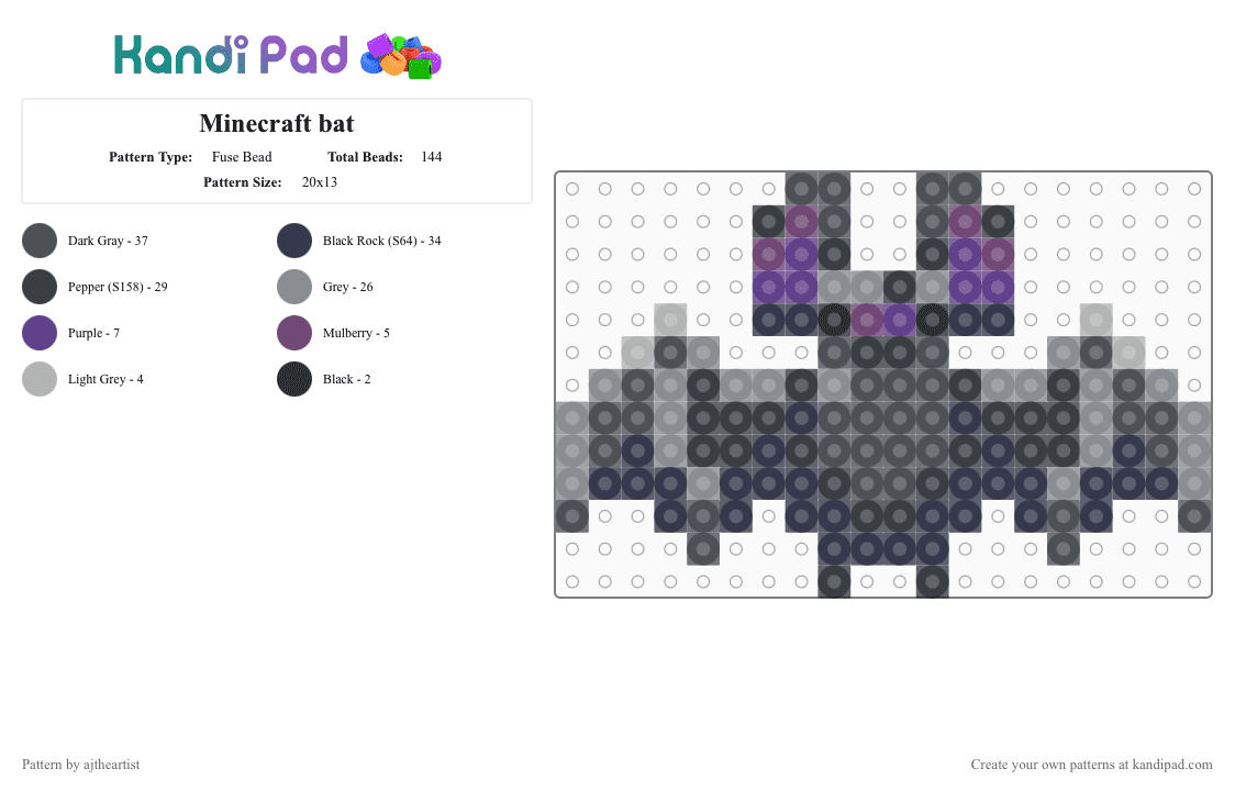 Minecraft bat 🦇 - Fuse Bead Pattern by ajtheartist on Kandi Pad - purple,gray,bat,minecraft