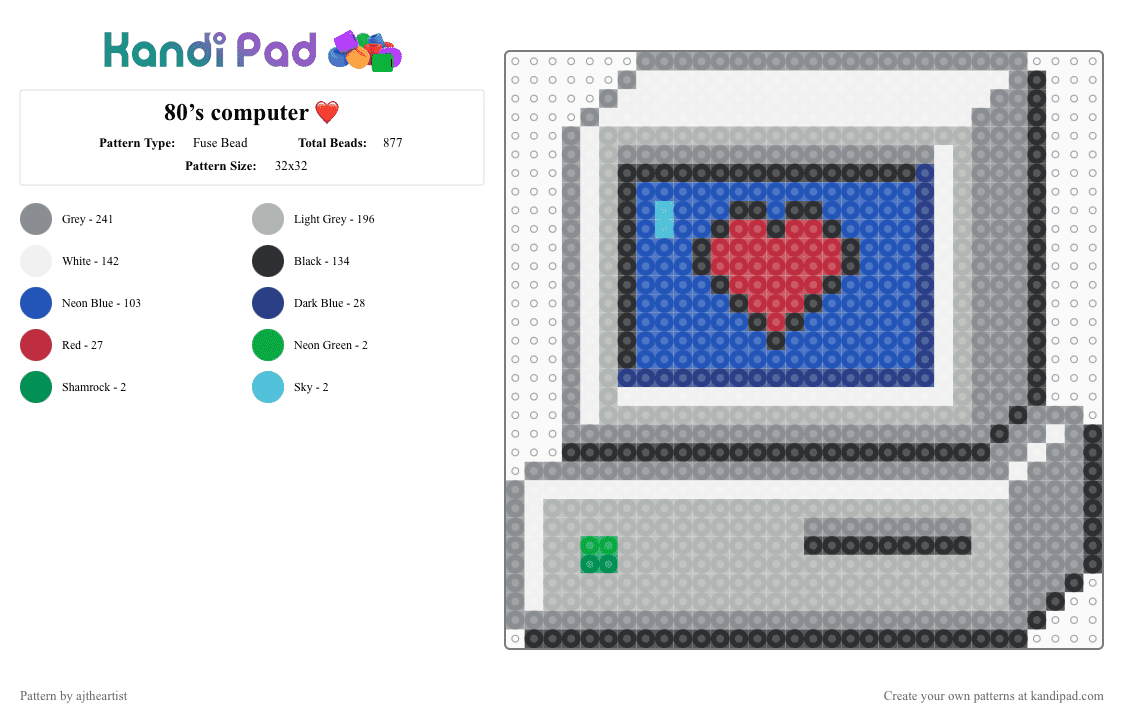 80’s computer ❤️ - Fuse Bead Pattern by ajtheartist on Kandi Pad - gray,beige,blue,computer,love,heart