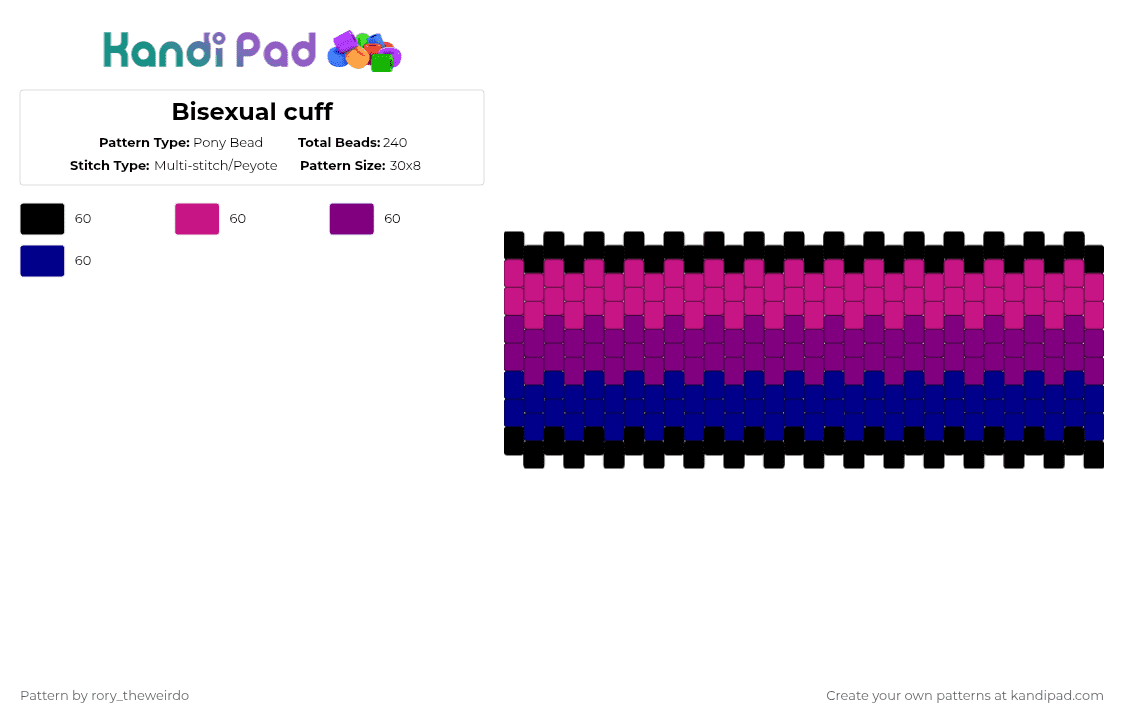 Bisexual cuff - Pony Bead Pattern by rory_theweirdo on Kandi Pad - pink,purple