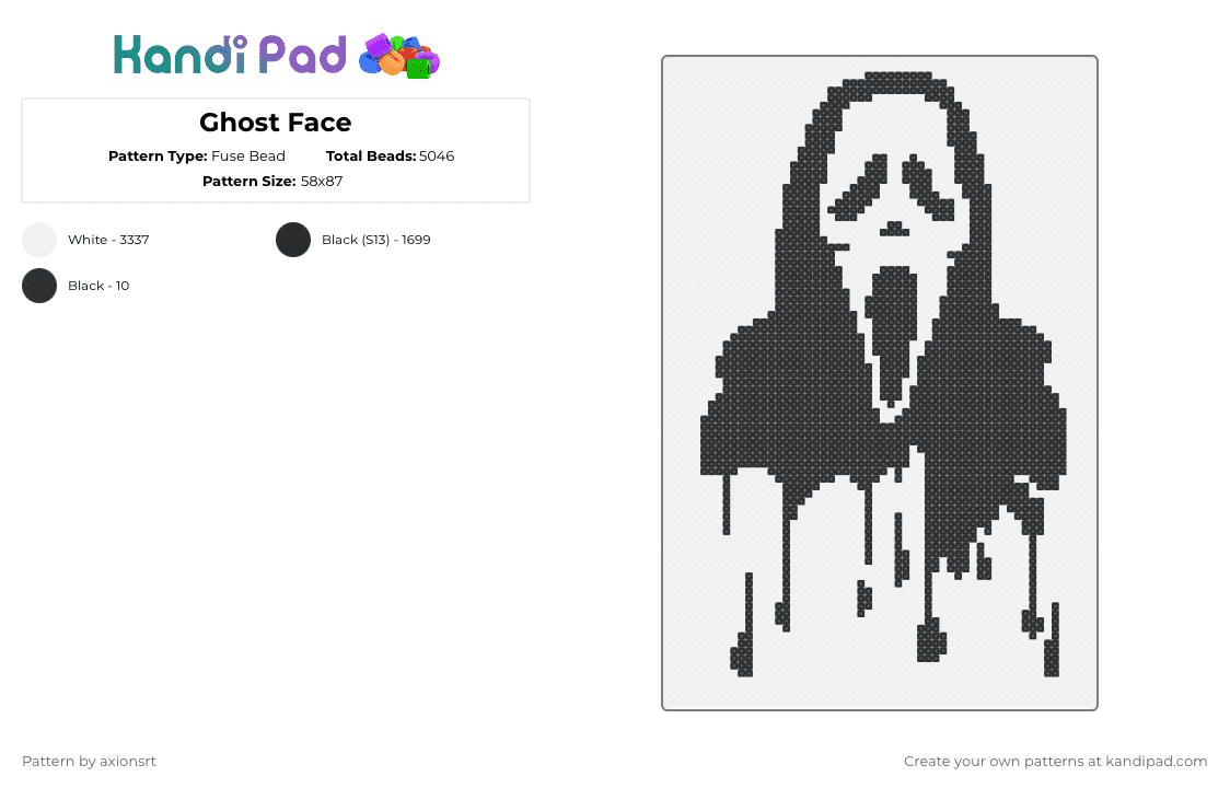 Ghostface - Fuse Bead Pattern by axionsrt on Kandi Pad - black, white