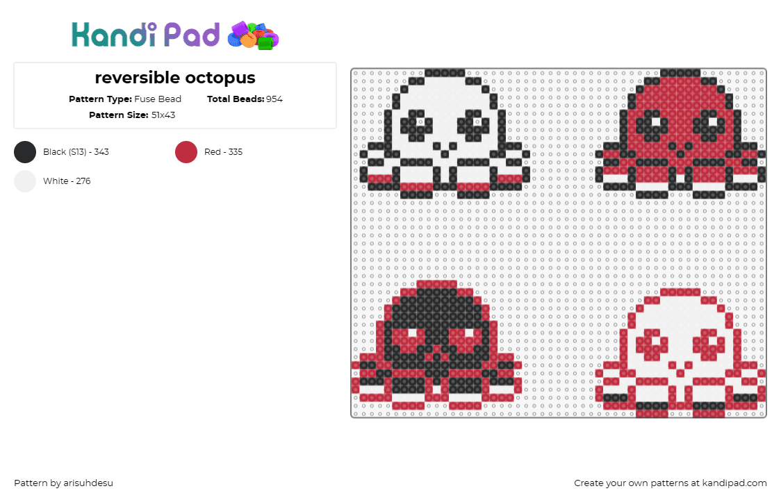 reversible octopus - Fuse Bead Pattern by arisuhdesu on Kandi Pad - octopus,cute,colorful,emotions,expressive,playful,flip,mood,red,black,white