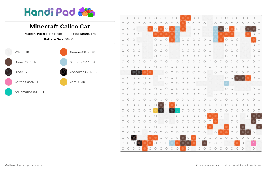 Minecraft Calico Cat - Fuse Bead Pattern by origamigrace on Kandi Pad - white,brown,orange
