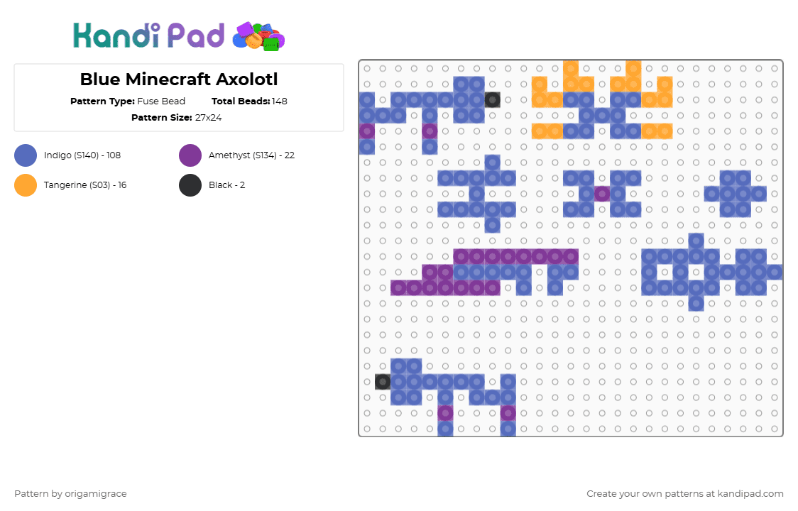 Blue Minecraft Axolotl - Fuse Bead Pattern by origamigrace on Kandi Pad - blue