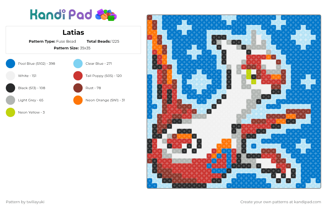 Latias - Fuse Bead Pattern by twiliayuki on Kandi Pad - red,light blue,blue