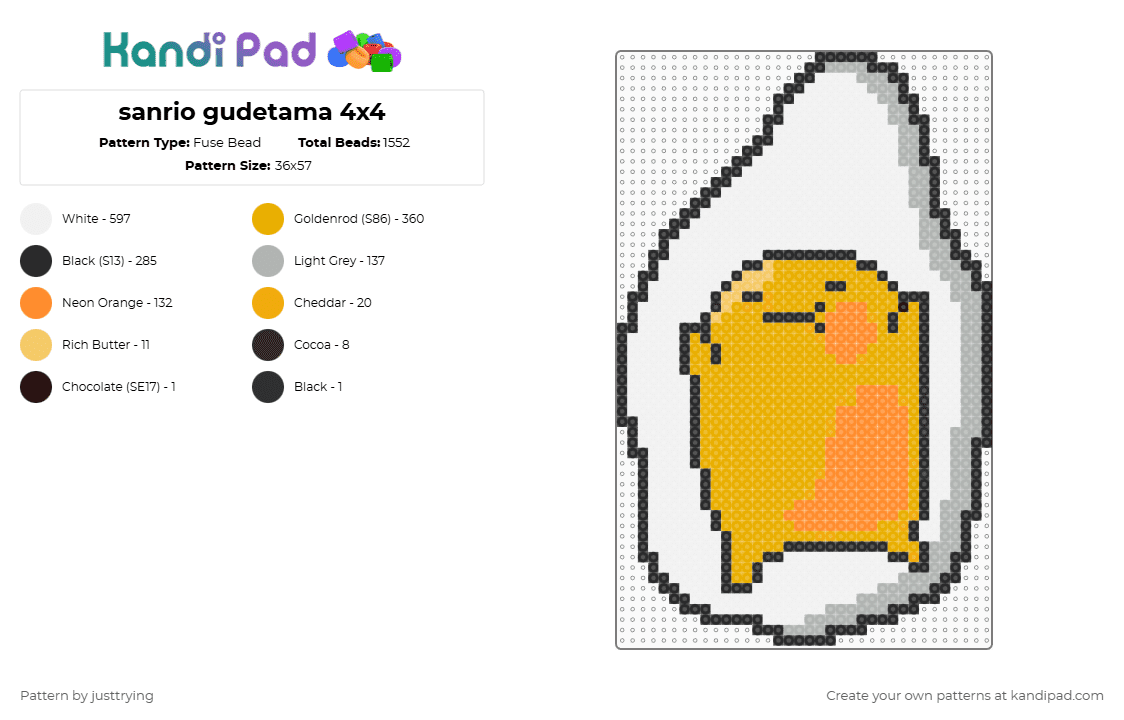 sanrio gudetama 2x2 board - Fuse Bead Pattern by justtrying on Kandi Pad - white,orange,sanrio,gudetama,4x4,character,yellow