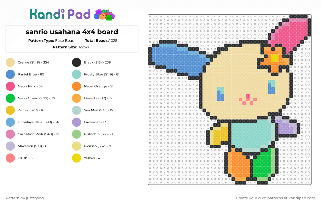 sanrio usahana 2x2 board - Fuse Bead Pattern by justtrying on Kandi Pad - pink,light blue,beige,sanrio,usahana,character,bunny,multicolor,4x4