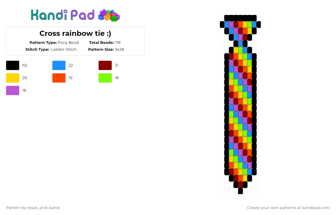 Cross rainbow tie :) - Pony Bead Pattern by essas_and_kandi on Kandi Pad - red,light blue,kandi,tie,fyp