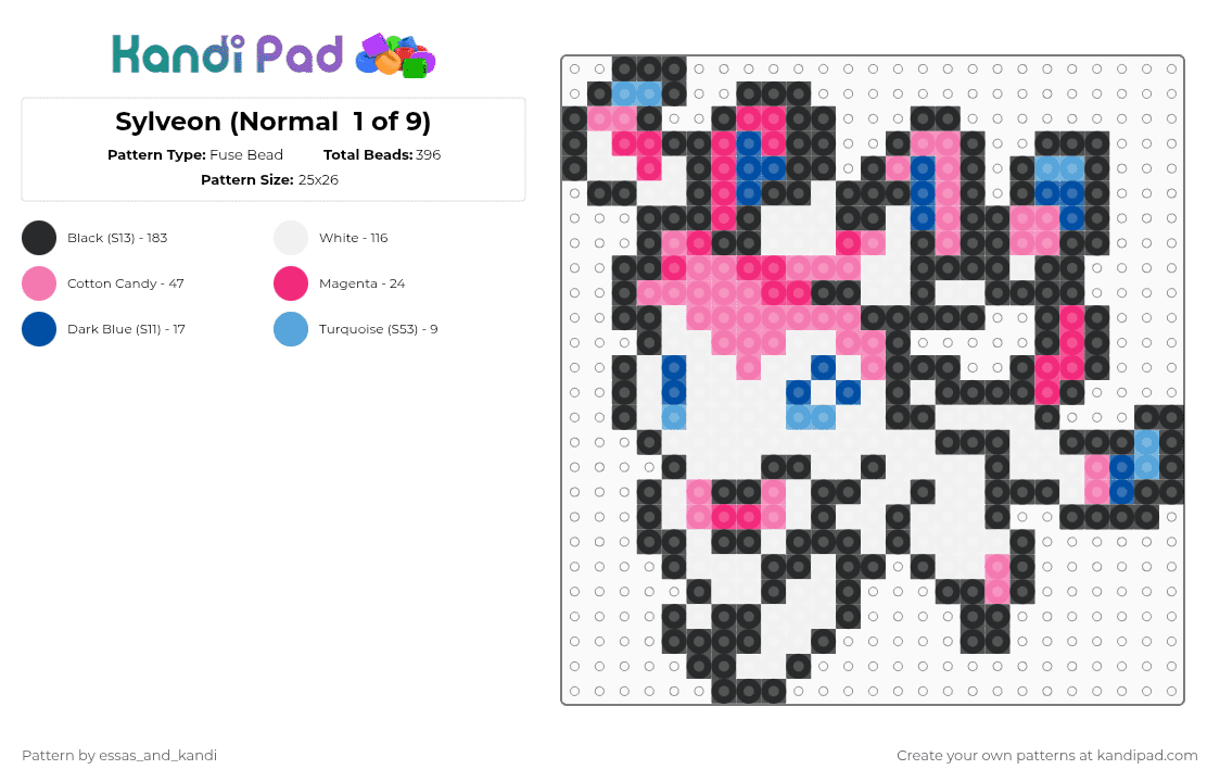 Sylveon (Normal  1 of 9) - Fuse Bead Pattern by essas_and_kandi on Kandi Pad - white,pink,pokemon