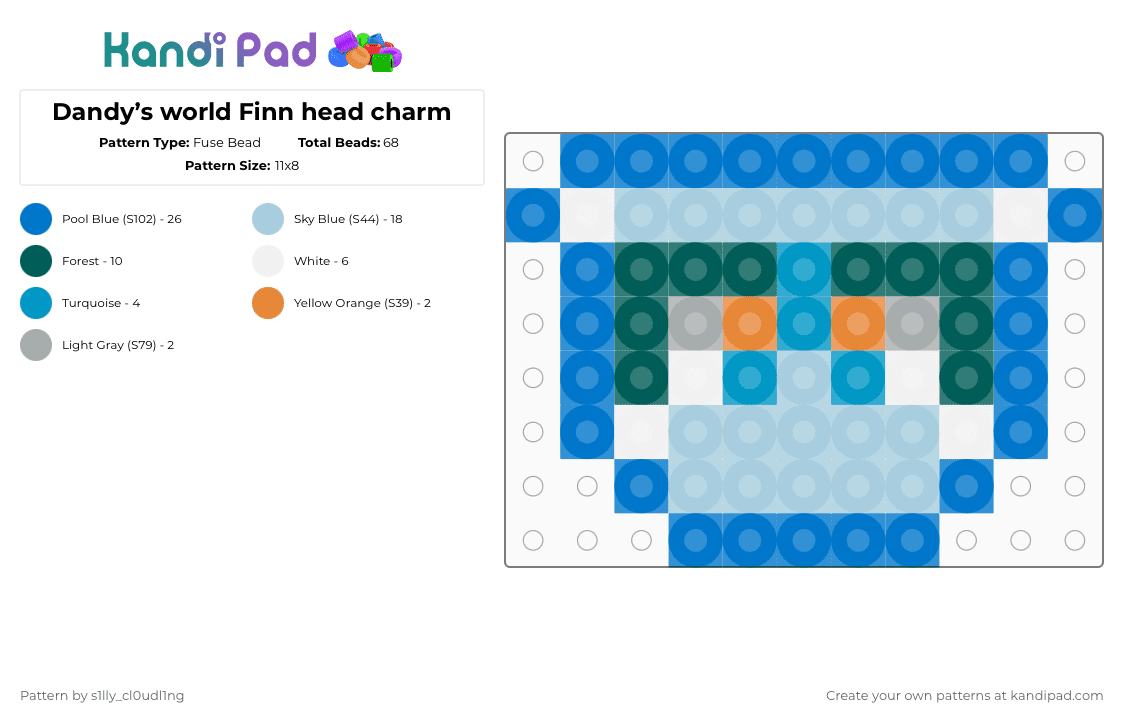 Dandy’s world Finn head charm - Fuse Bead Pattern by s1lly_cl0udl1ng on Kandi Pad - blue,light blue,dandysworld,charm
