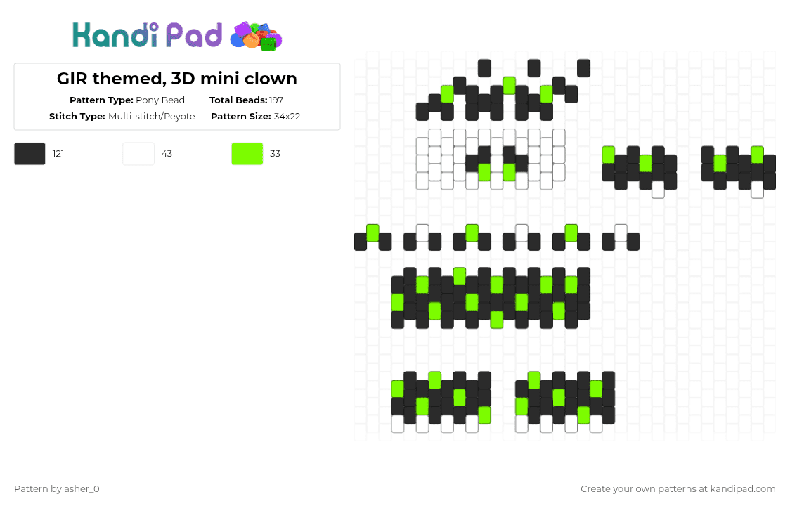 GIR themed, 3D mini clown - Pony Bead Pattern by deleted_user_47782 on Kandi Pad - green,white,gir,clowncore,weirdcore,scenecore,scene