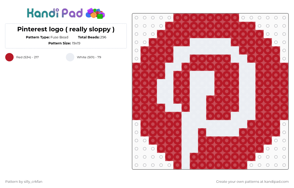 Pinterest logo ( really sloppy ) - Fuse Bead Pattern by silly_crkfan on Kandi Pad - red,white,pinterest,app,logo,silly,sloppy,ugly