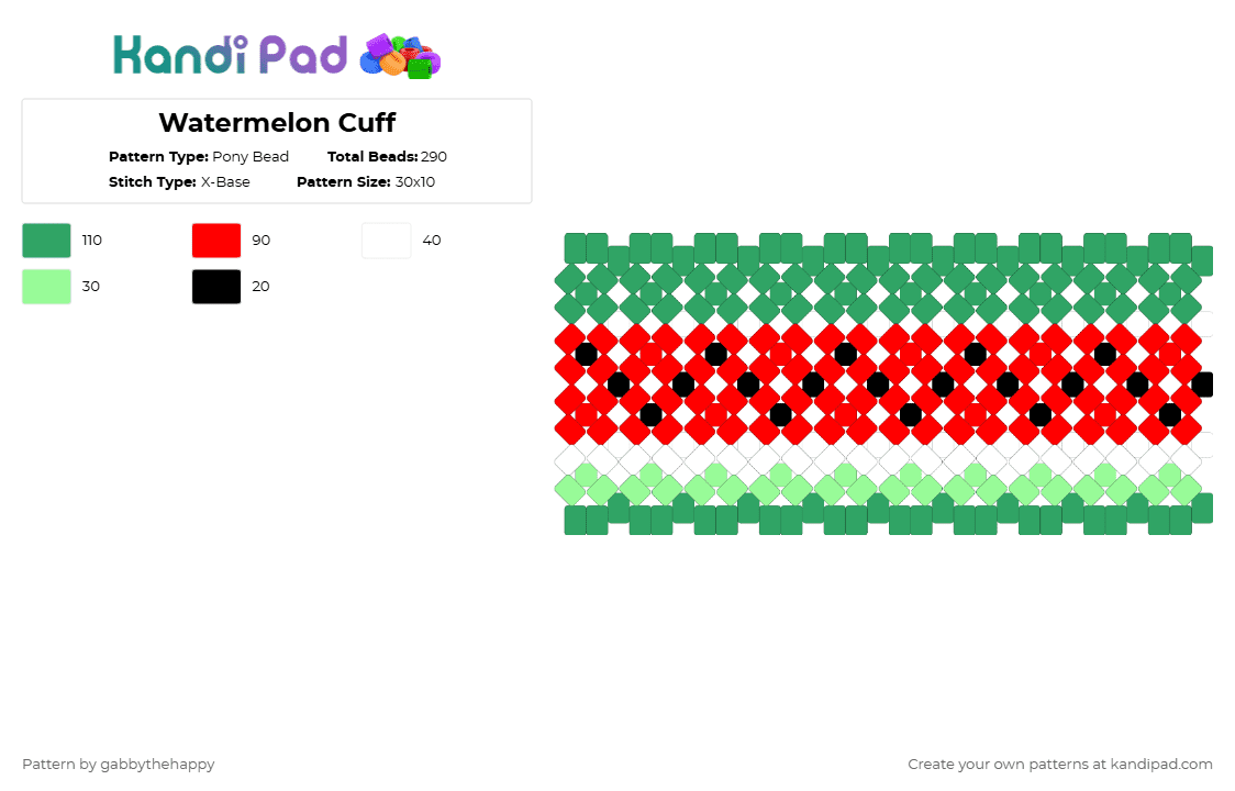 Watermelon Cuff - Pony Bead Pattern by gabbythehappy on Kandi Pad - red,green,watermelon,cuff,kandi,pony beads,x base