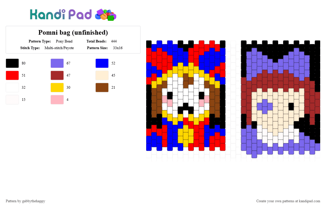 Pomni bag (unfinished) - Pony Bead Pattern by gabbythehappy on Kandi Pad - purple,red,blue