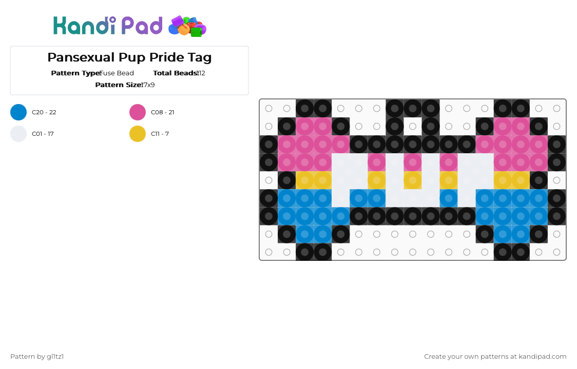 Pansexual Pup Pride Tag - Fuse Bead Pattern by gl1tz1 on Kandi Pad - pink,blue,pup,pup pride,pride,pansexual,bone,yellow
