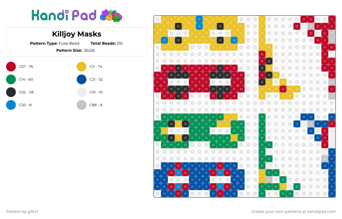 Killjoy Masks and Rayguns - Fuse Bead Pattern by gl1tz1 on Kandi Pad - yellow,blue,red,green,my chemical romance,mcr,killjoys,fabulous killjoys,danger days