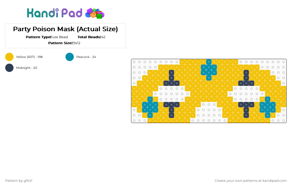 Party Poison Mask (Actual Size) - Fuse Bead Pattern by gl1tz1 on Kandi Pad - yellow,party poison,my chemical romance,danger days,mask,eye mask