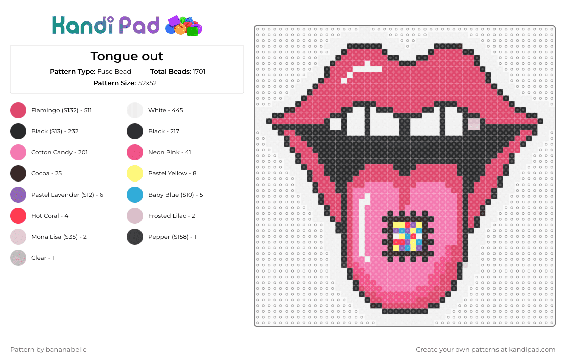 Tongue out - Fuse Bead Pattern by bananabelle on Kandi Pad - red,pink,tongue,mouth,lips,drop,lick,bleh