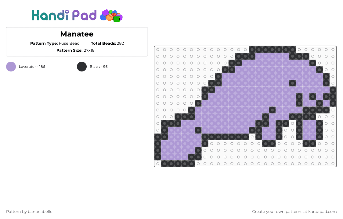 Manatee - Fuse Bead Pattern by bananabelle on Kandi Pad - black,pink,animals,sea life,manatee,purple,sea cow,cow
