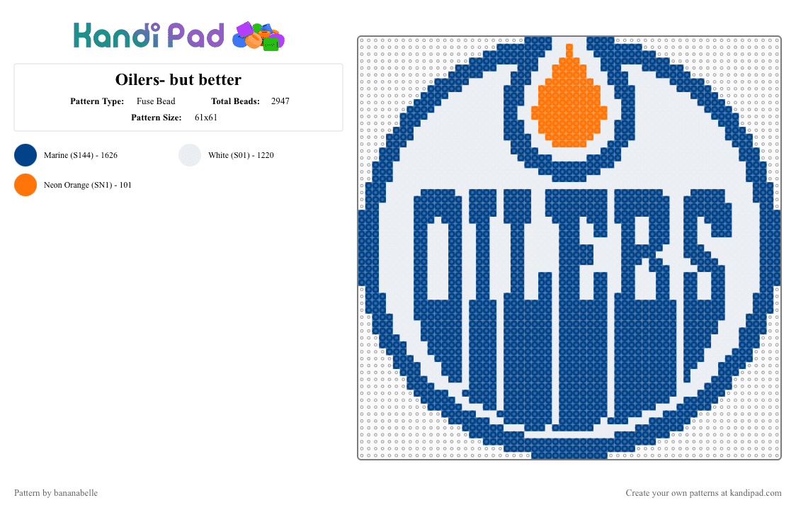 Oilers- but better - Fuse Bead Pattern by bananabelle on Kandi Pad - blue,oilers,nhl,hockey,stanley cup,oil,mcdavid