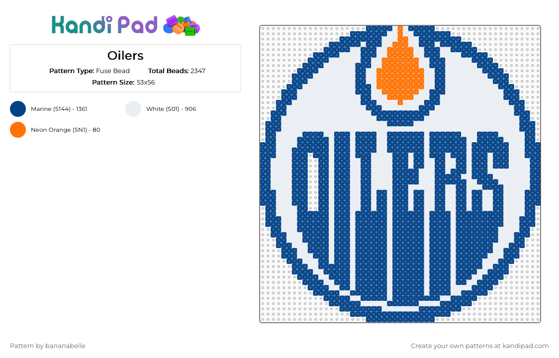 Oilers - Fuse Bead Pattern by bananabelle on Kandi Pad - blue,oilers,nhl,hockey,emblem,logo,team,oil,gretzky
