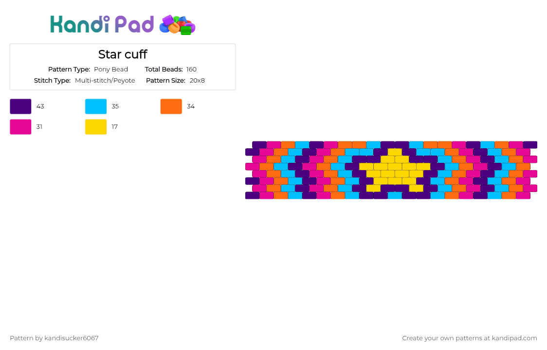 Star cuff - Pony Bead Pattern by kandisucker6067 on Kandi Pad - pink,orange,purple,light blue
