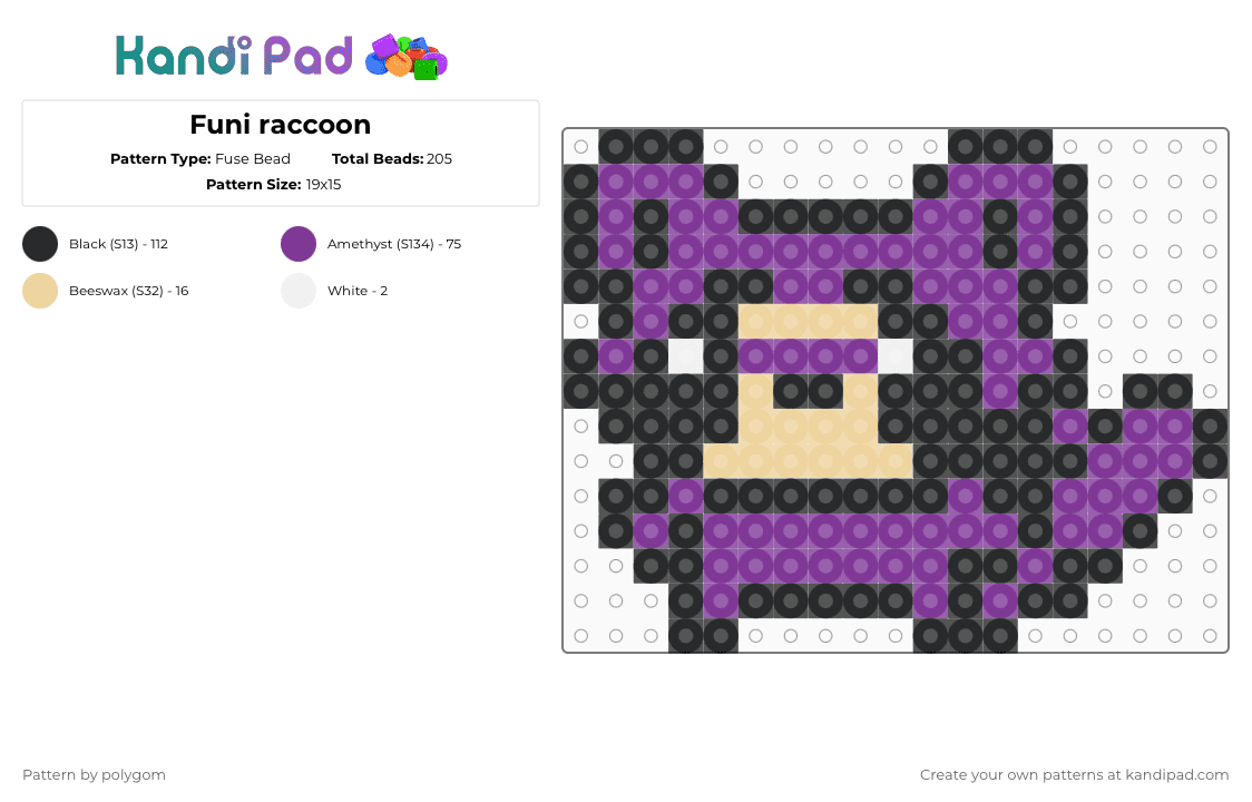 Funi raccoon - Fuse Bead Pattern by polygom on Kandi Pad - black,pink