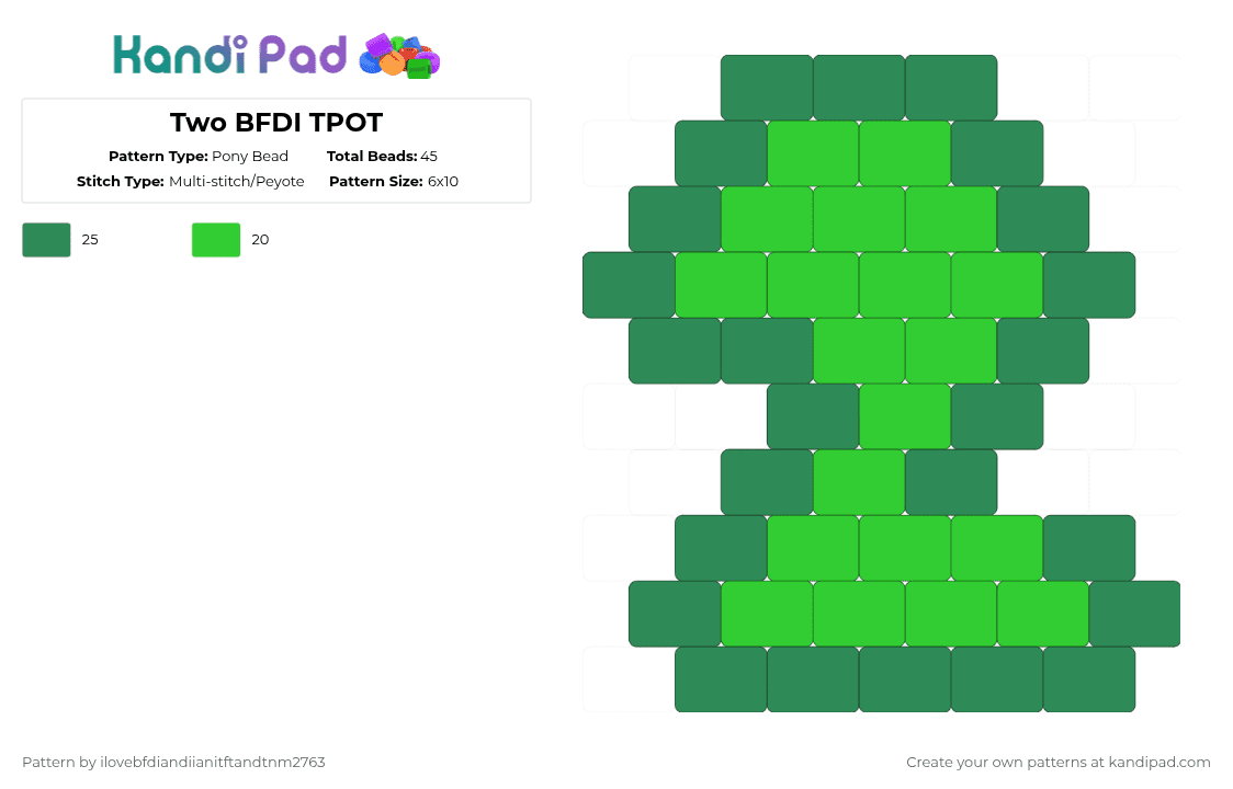 Two BFDI TPOT - Pony Bead Pattern by ilovebfdiandiianitftandtnm2763 on Kandi Pad - green
