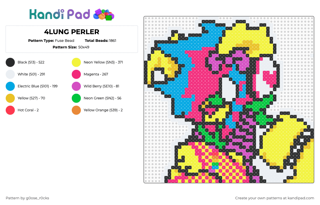 4LUNG PERLER - Fuse Bead Pattern by g0ose_r0cks on Kandi Pad - light blue,yellow,pink,furry,4lung,4,lung,music,artist,rainbow,puppy