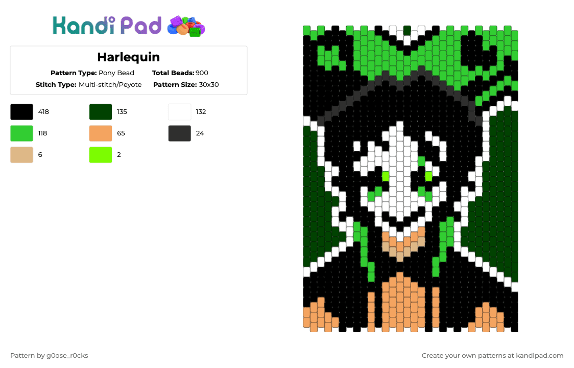 Harlequin - Pony Bead Pattern by g0ose_r0cks on Kandi Pad - black,green,orange,the freak circus,circus,freak,clown,harlequin,silly,jealous