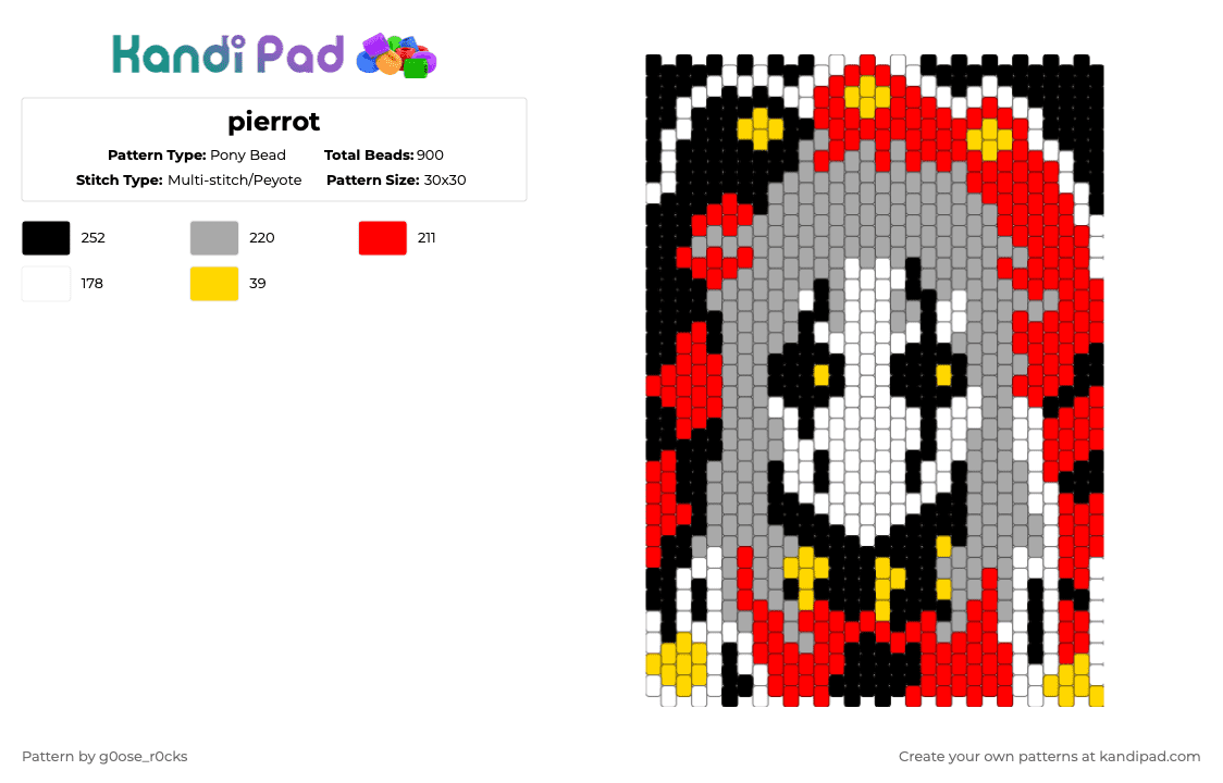 pierrot - Pony Bead Pattern by g0ose_r0cks on Kandi Pad - red,beige,clown,pierrot