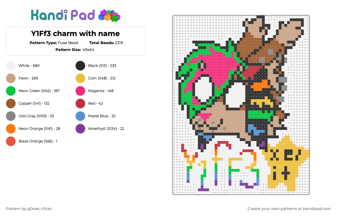 Y1Ff3 charm with name - Fuse Bead Pattern by g0ose_r0cks on Kandi Pad - white,beige,green,yellow,colorful,fursona,name,nametag,fursona charm