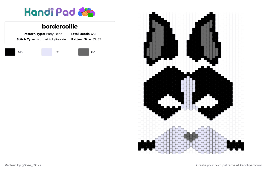 bordercollie - Pony Bead Pattern by g0ose_r0cks on Kandi Pad - black,white,gray