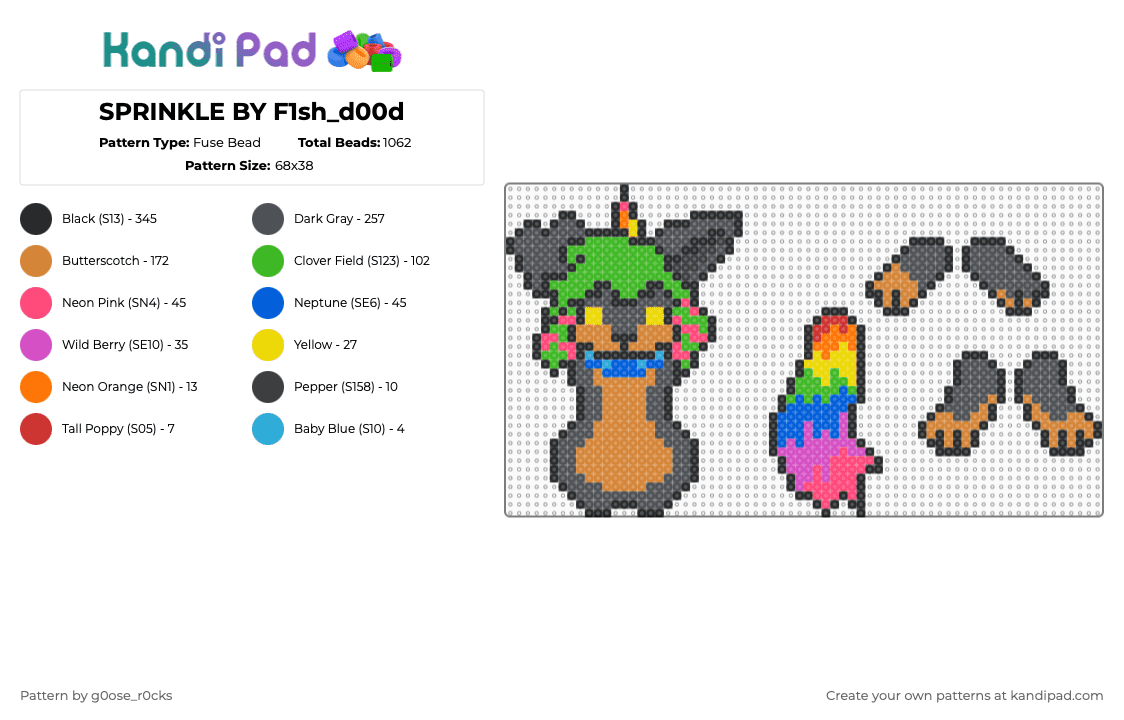 SPRINKLE BY F1sh_d00d - Fuse Bead Pattern by g0ose_r0cks on Kandi Pad - green,gray,orange,furry idk,fanart