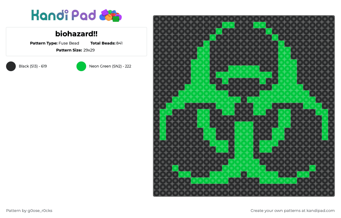 biohazard!! - Fuse Bead Pattern by g0ose_r0cks on Kandi Pad - black,green,biohazard,radioactive,warning