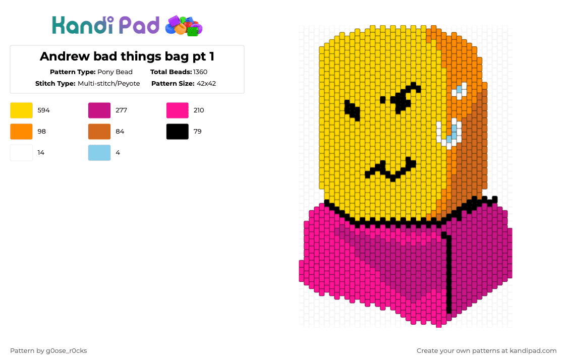 Andrew bad things bag pt 1 - Pony Bead Pattern by g0ose_r0cks on Kandi Pad - yellow,pink,roblox,badthings,robloxgame