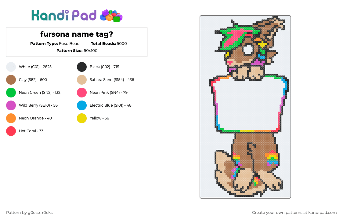 fursona name tag? - Fuse Bead Pattern by g0ose_r0cks on Kandi Pad - white,beige,tan,furry