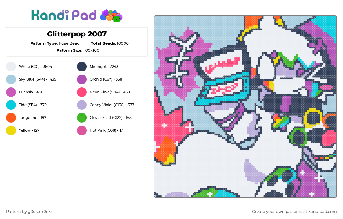 Glitterpop 2007 - Fuse Bead Pattern by g0ose_r0cks on Kandi Pad - light blue,purple,pink,music,furry,scene,2000s,2000,cute,rainbow,glitter