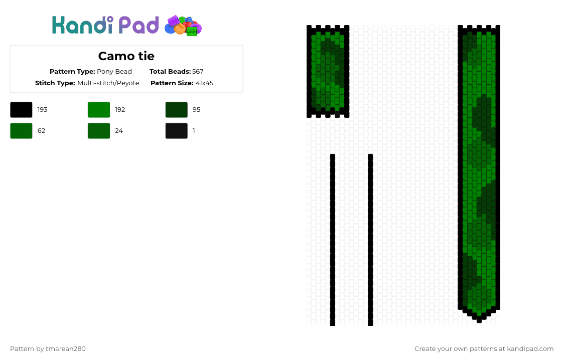 Camo tie - Pony Bead Pattern by tmarean280 on Kandi Pad - black,green,tie