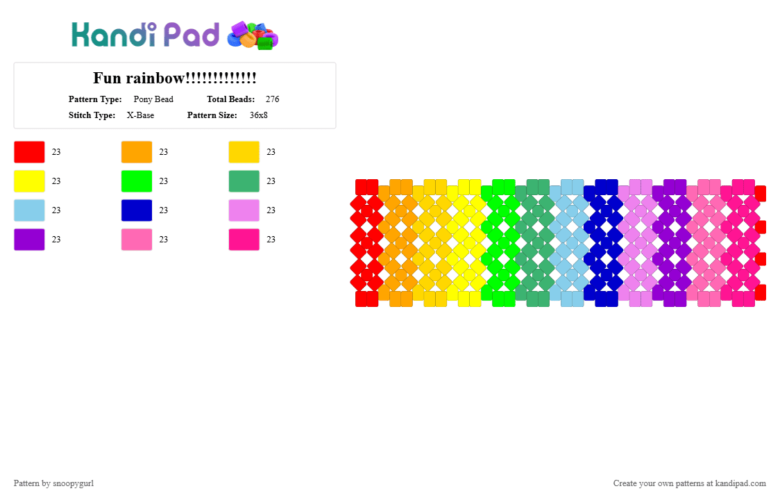 Fun rainbow!!!!!!!!!!!!! - Pony Bead Pattern by definently_luz on Kandi Pad - green, pink, purple, yellow