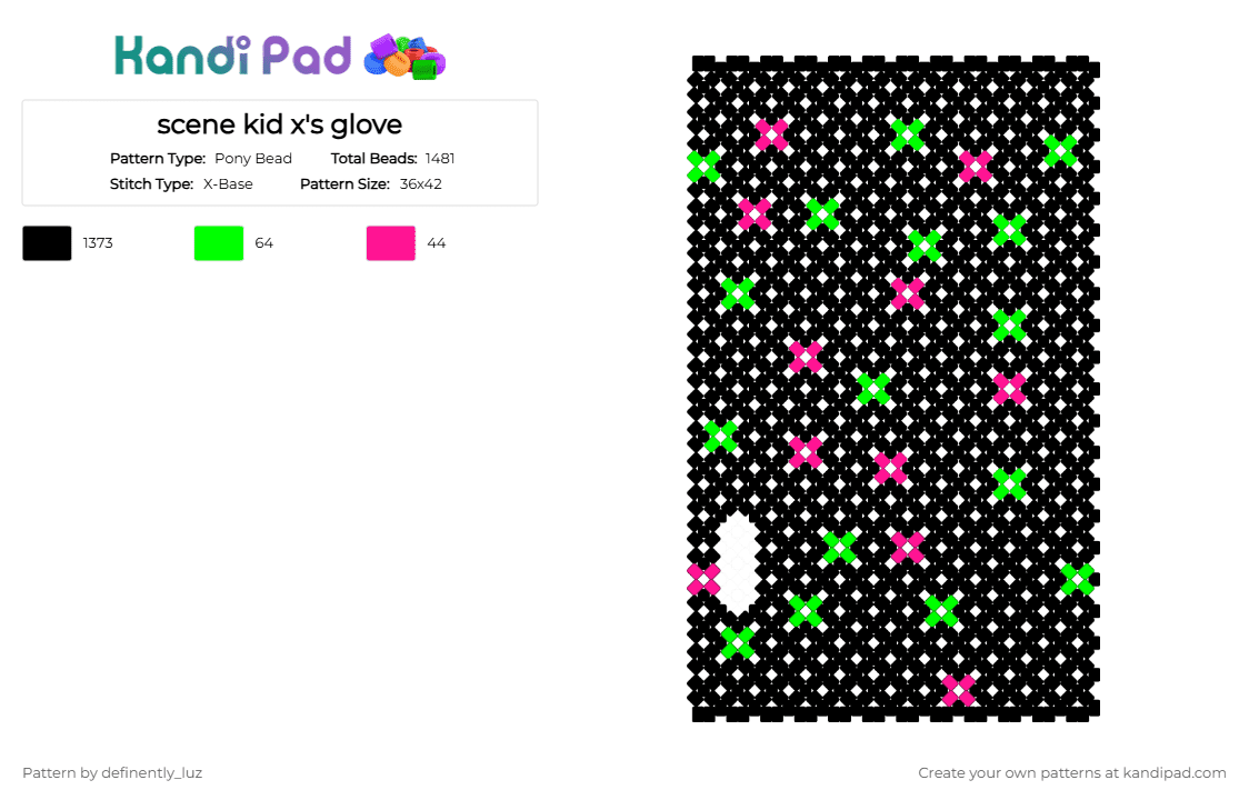 scene kid x\'s glove - Pony Bead Pattern by definently_luz on Kandi Pad - black, green, pink