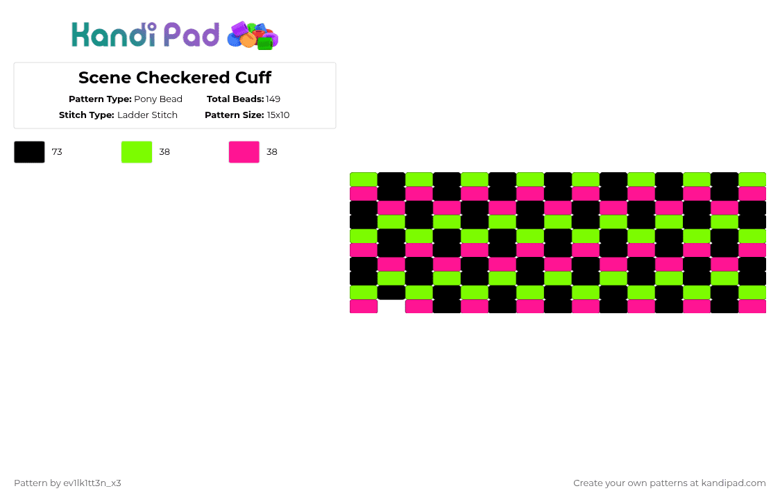 Scene Checkered Cuff - Pony Bead Pattern by ev1lk1tt3n_x3 on Kandi Pad - green,pink