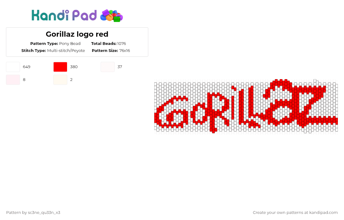 Gorillaz logo red - Pony Bead Pattern by sc3ne_qu33n_x3 on Kandi Pad - red,white,gorillaz,logo,text,letters,plain,simple