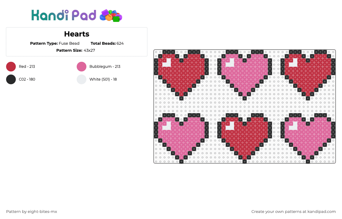 Hearts - Fuse Bead Pattern by eight-bites-mx on Kandi Pad - red,pink,amor,love