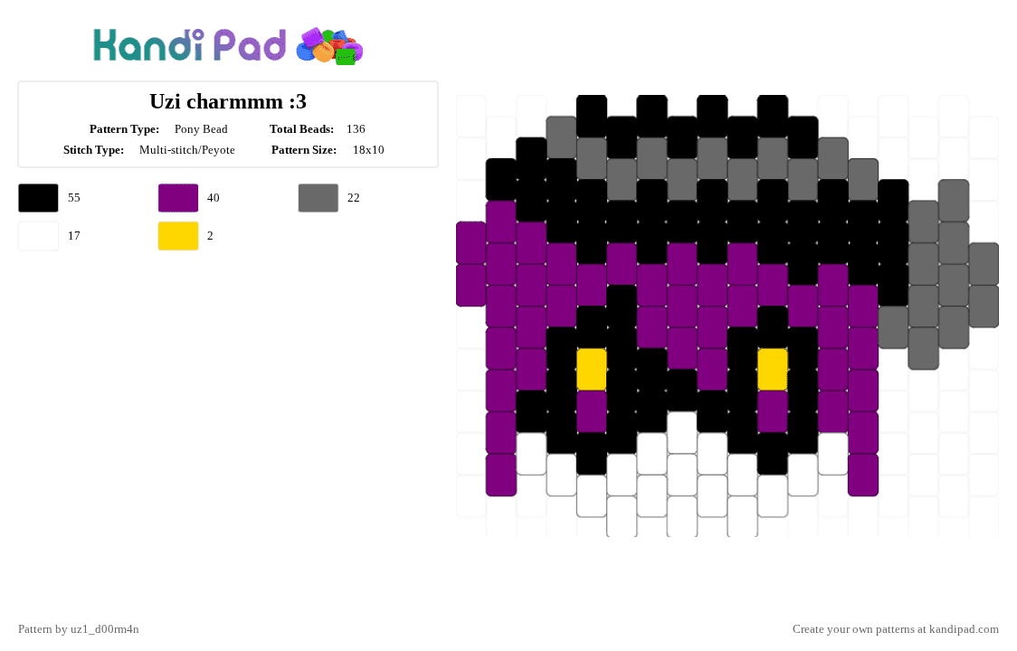 Uzi charmmm :3 - Pony Bead Pattern by uz1_d00rm4n on Kandi Pad - pink,gray,murder drones,uzi doorman,purple,emo grape