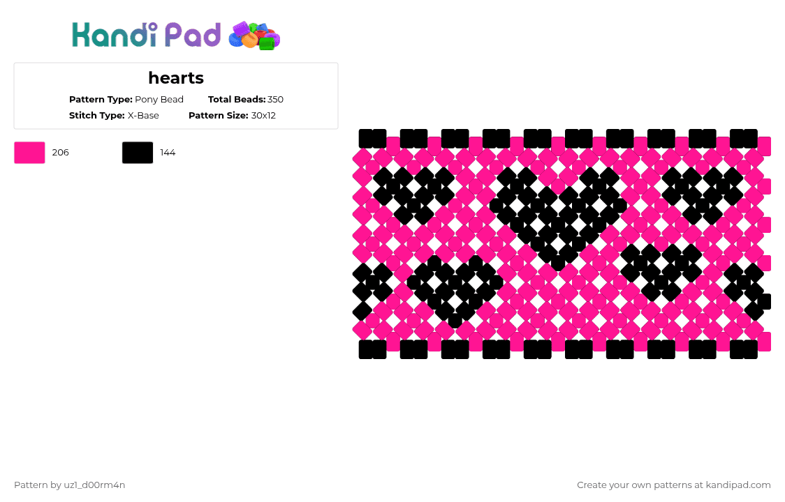 hearts - Pony Bead Pattern by uz1_d00rm4n on Kandi Pad - black,pink,cotdhearts